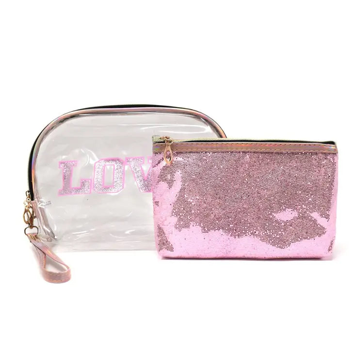 2 Pc Love Glitter Cosmetic Bag Set