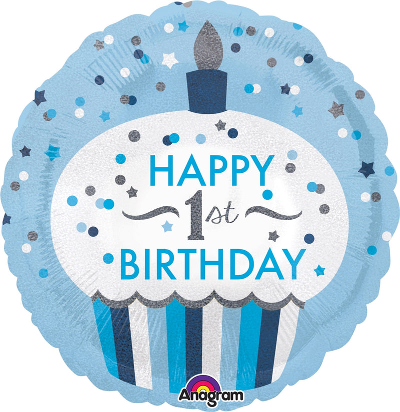 18" Happy 1st Birthday Blue Cupcake Balloon