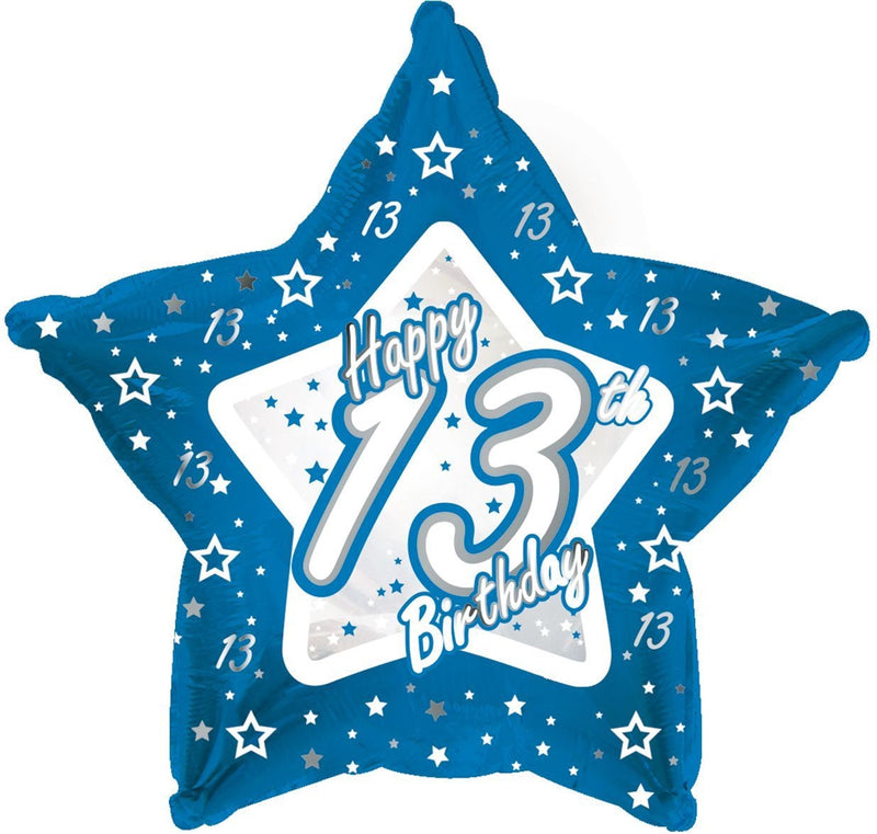 18"  Happy 13th Birthday Blue & Silver Star Balloon