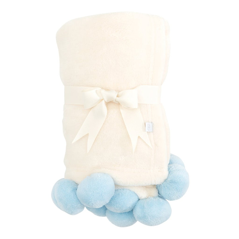 Blue Pom Trim Fleece Baby Blanket