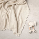 Scallop Classic Knit Baby Blanket + Elephant Rattle Gift SET: Natural