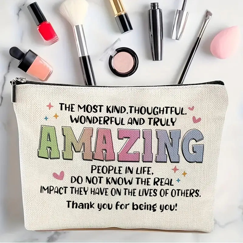 Amazing Appreciation Gift - Polyester Zippered Makeup Bag with Letter Print, Portable Cosmetic Organizer