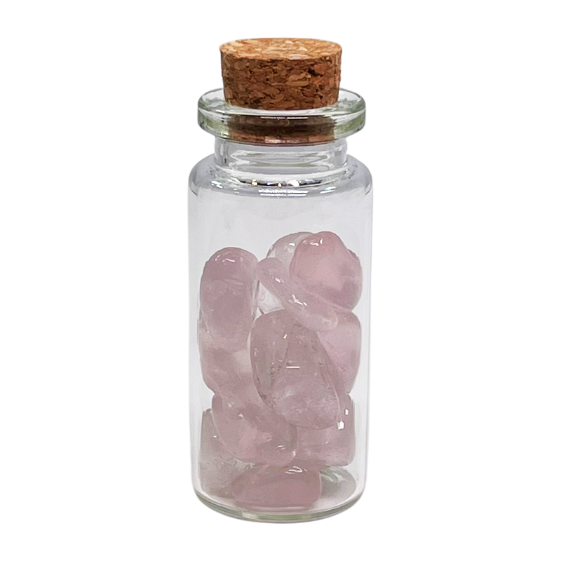 Rose Quartz Stones in a Glass Jar with a Backing Card