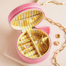 Strawberry Embroidered Travel Round Jewellery Case in Pink