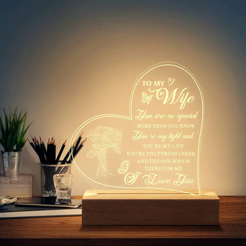 Engraved Night Lamp With Wood Base, Gift For Wife