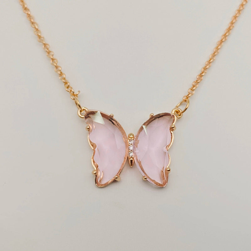 Multicolor Glass Butterfly Pendant Necklace: Pink