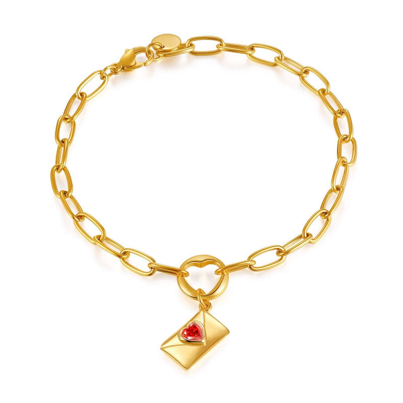 Heart-shaped Cubic Zirconia Envelope Charm Pendant Bracelets: Golden + Red Cubic Zirconia