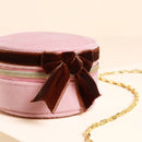 Pink and Burgundy Velvet Bow Mini Round Jewellery Case