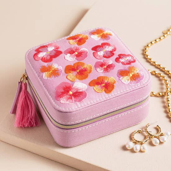 Flower Embroidered Travel Square Jewellery Case