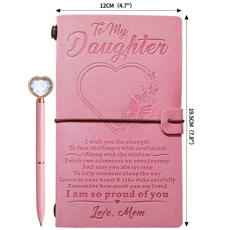To My Daughter Leather Journal+Heart Rhinestone Pen Set