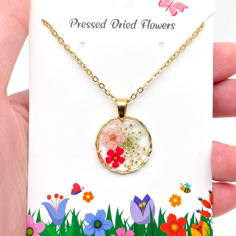 Dried Flowers Floral Irregular Round Pendant Necklace - PDF: Queen Anne's Lace & Daffodil