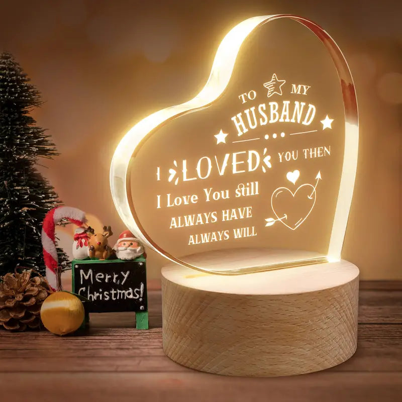 Love Heart Acrylic Night Light, A Gift For Husband, With Wooden Environmentally Friendly Base
