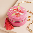 Strawberry Embroidered Travel Round Jewellery Case in Pink