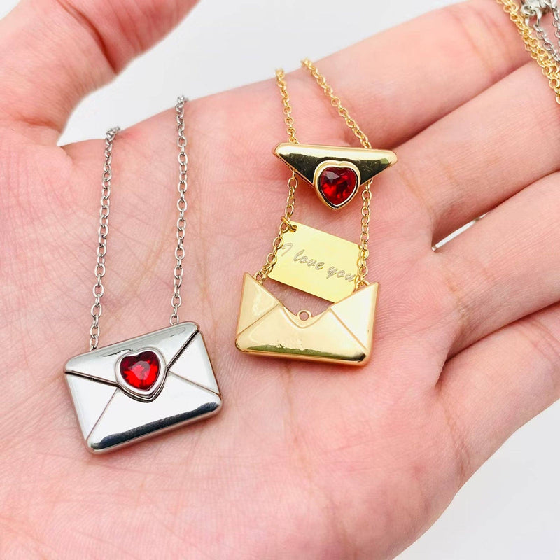 "I Love You" Heart-shaped Cubic Zirconia Envelope Necklace- Gold