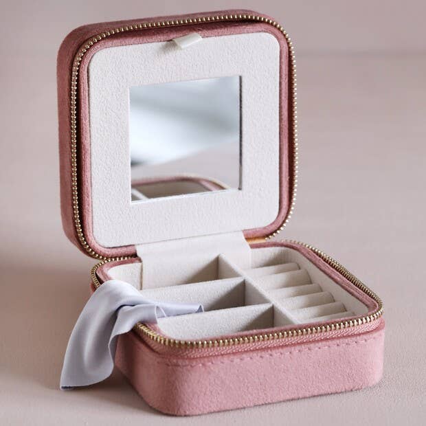 Rose Pink Velvet Square Travel Jewellery Case