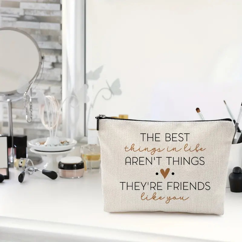 Bestie Beauty Bag - Soft Linen Cosmetic Bag with Zipper, Water-Resistant