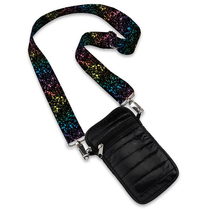 Black Puffer Crossbody Cell Phone Bag with Rainbow Splatter