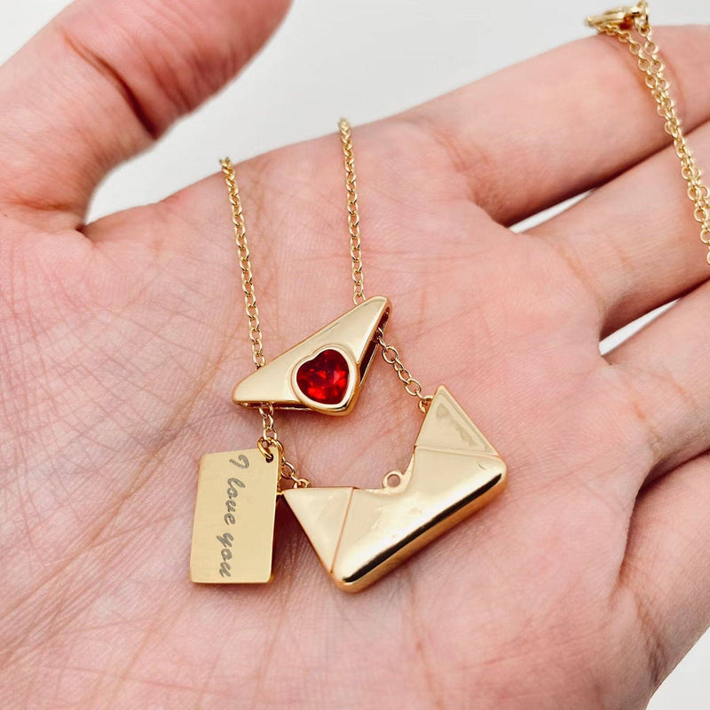 "I Love You" Heart-shaped Cubic Zirconia Envelope Necklace- Gold