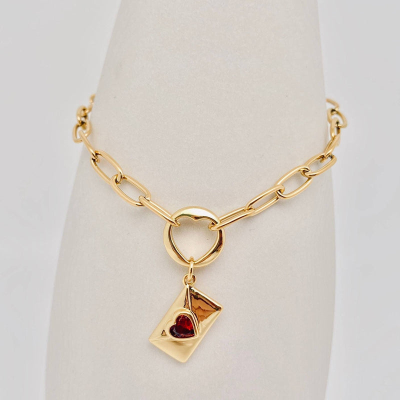 Heart-shaped Cubic Zirconia Envelope Charm Pendant Bracelets: Golden + Red Cubic Zirconia