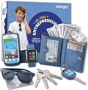 Play Wallet for Boys with Money and Pretend Play Toys, Cellphone, Smartwatch, Keys, Sunglasses