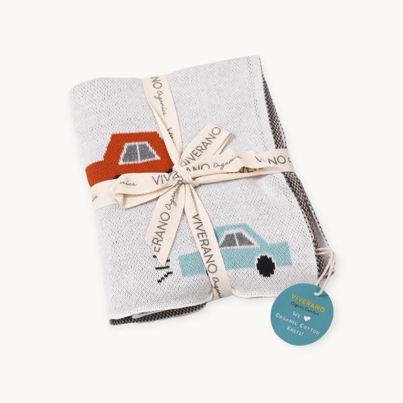 Organic Cotton Sweater Knit Baby Blanket- Cars