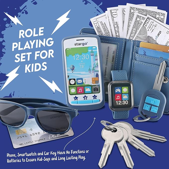 Play Wallet for Boys with Money and Pretend Play Toys, Cellphone, Smartwatch, Keys, Sunglasses