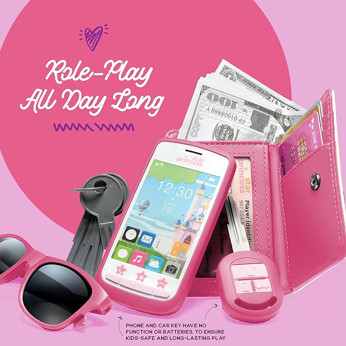 Deluxe pretend play purse set with Accessories: Toy Phone, Wallet, Credit Cards, Keys, Pretend Makeup