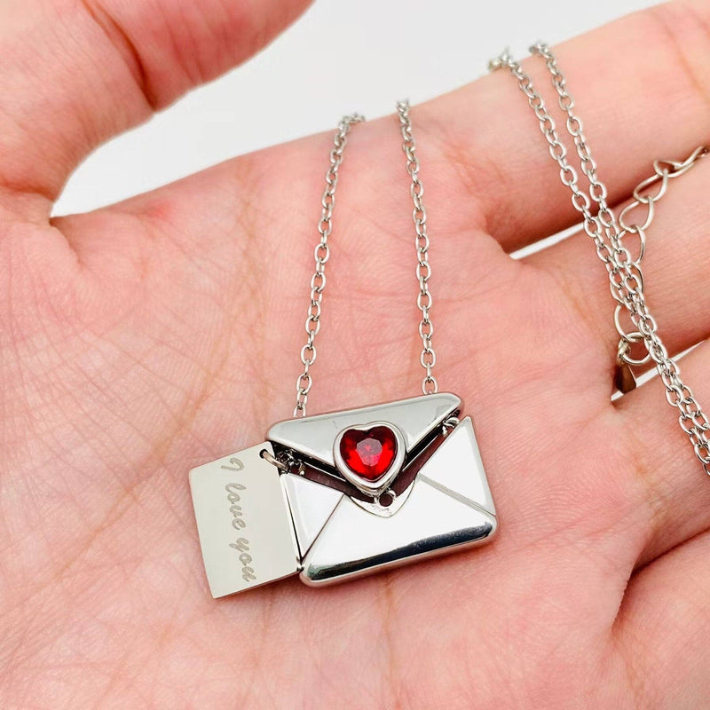 "I Love You" Heart-shaped Cubic Zirconia Envelope Necklace- Gold