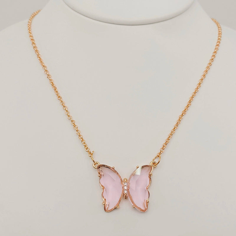 Multicolor Glass Butterfly Pendant Necklace: Pink