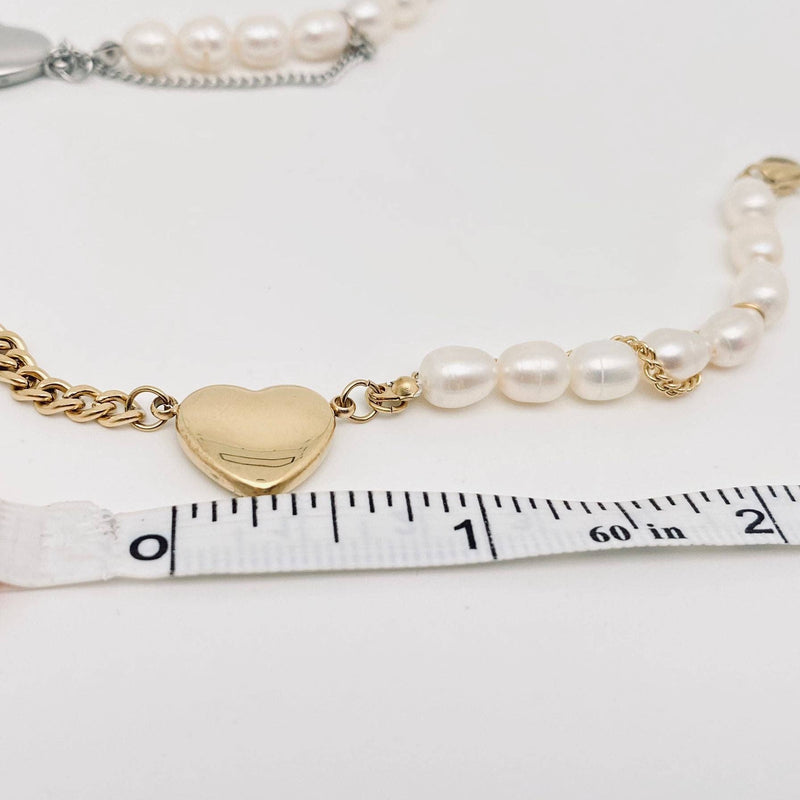 Heart-shaped Pendant Pearl Stainless Steel Chain Bracelet: Golden