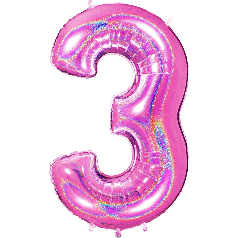 Number "3" Fucshia Glitter Holographic Balloon