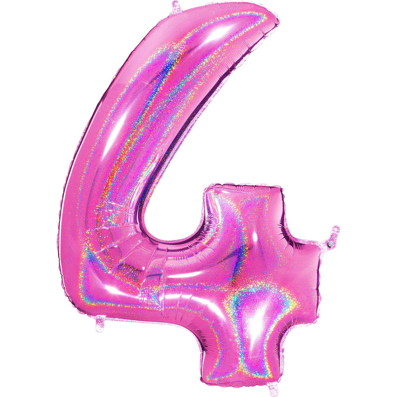 Number "4" Fucshia Glitter Holographic Balloon