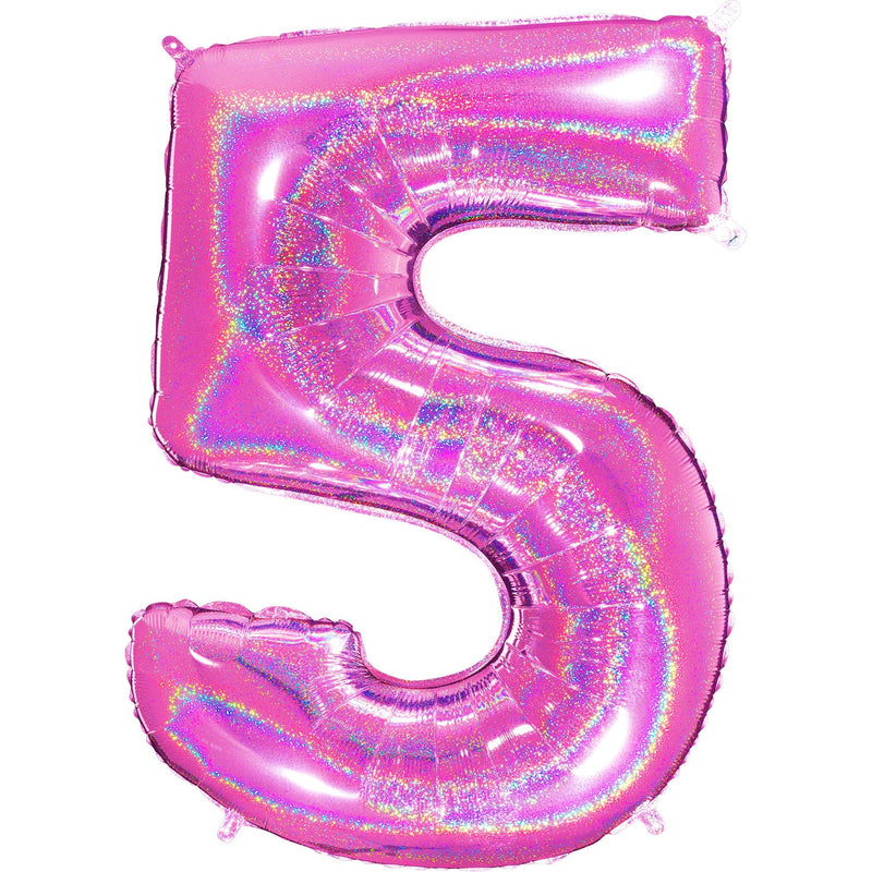 Number "5" Fucshia Glitter Holographic Balloon