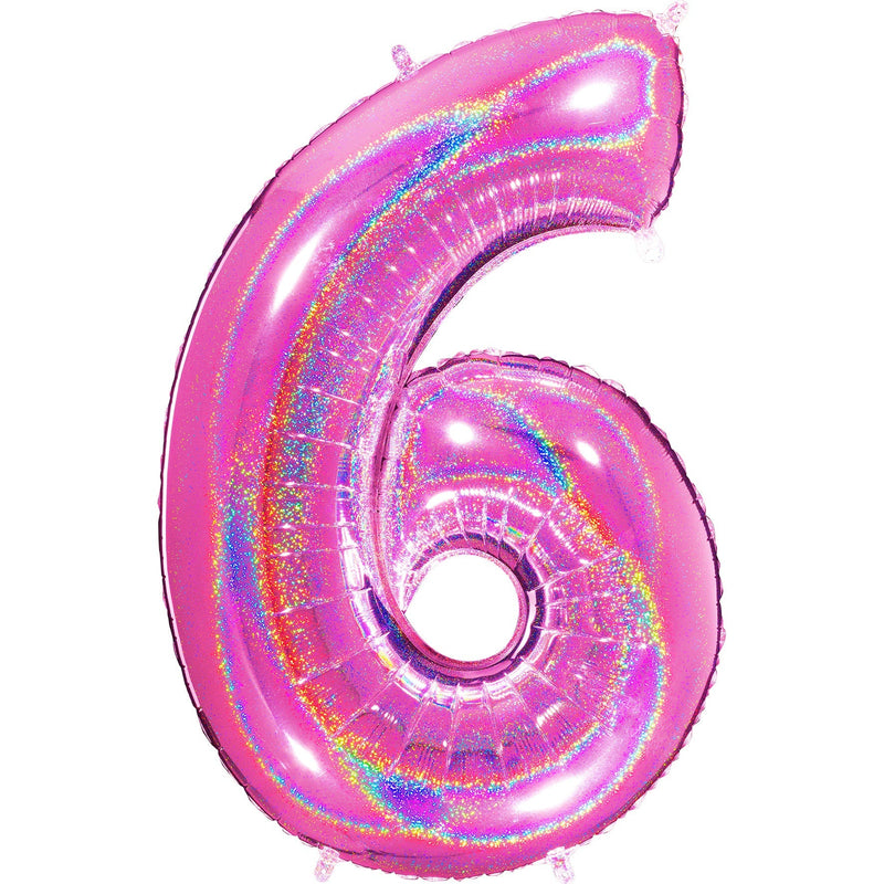 Number "6" Fucshia Glitter Holographic Balloon