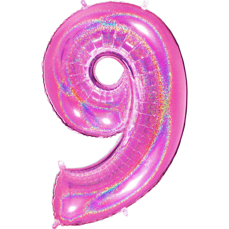 Number "9" Fucshia Glitter Holographic Balloon