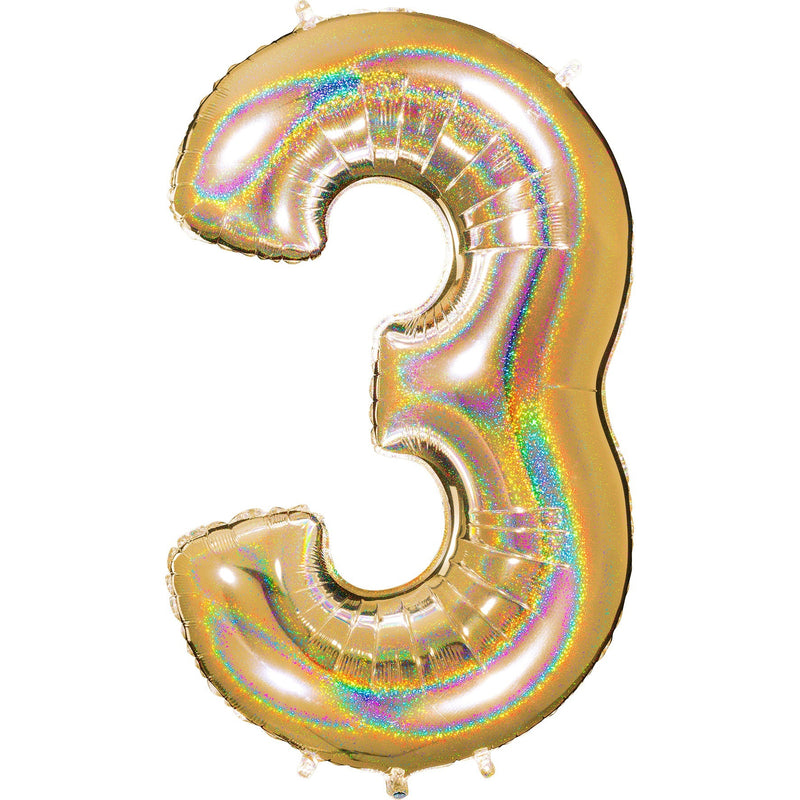 Number "3" Gold Glitter Holographic Balloon