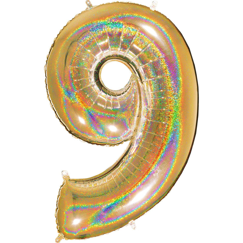 Number "9" Gold Glitter Holographic Balloon