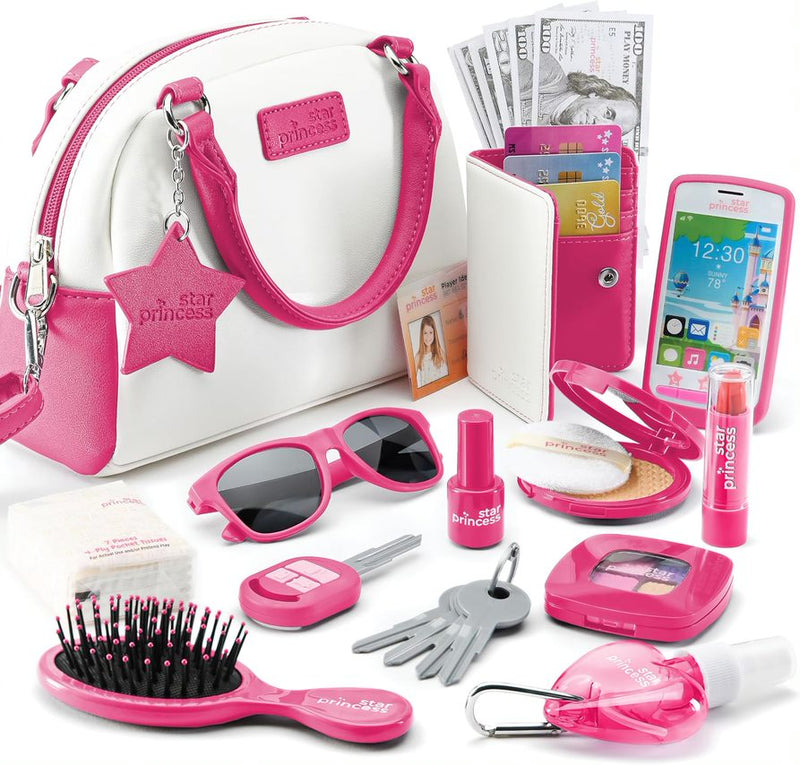 Deluxe pretend play purse set with Accessories: Toy Phone, Wallet, Credit Cards, Keys, Pretend Makeup