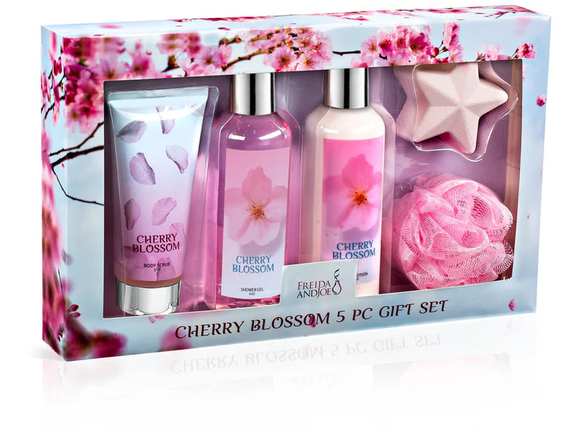 Bath & Body Collection Gift Box, Includes Shower Gel, Body Lotion, Body Scrub, Bath Bomb & Sponge (Blue Cherry Blossom)