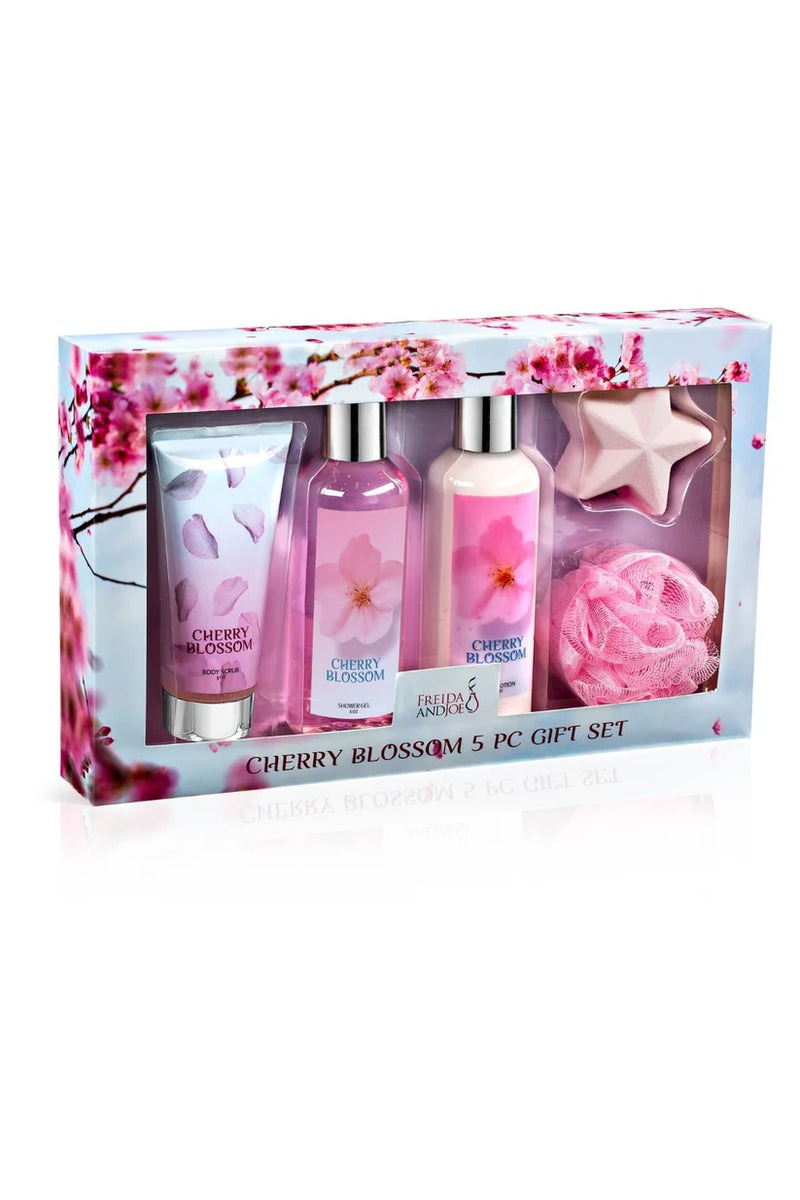 Bath & Body Collection Gift Box, Includes Shower Gel, Body Lotion, Body Scrub, Bath Bomb & Sponge (Blue Cherry Blossom)