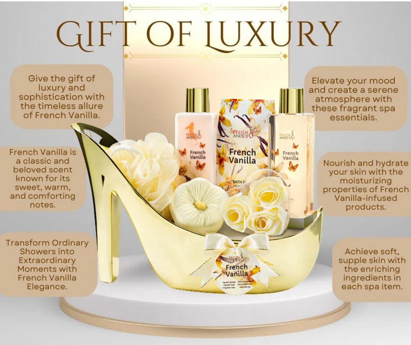 Elegant French Vanilla Bath Set Gold High Heel Shoe Luxurious Spa Gift Perfect for Gifting, Pampering, & Home Decor