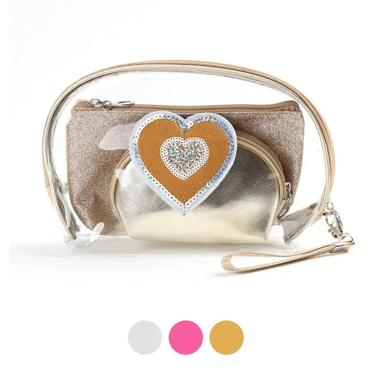3 Pc Metallic Heart Cosmetic Bag Set