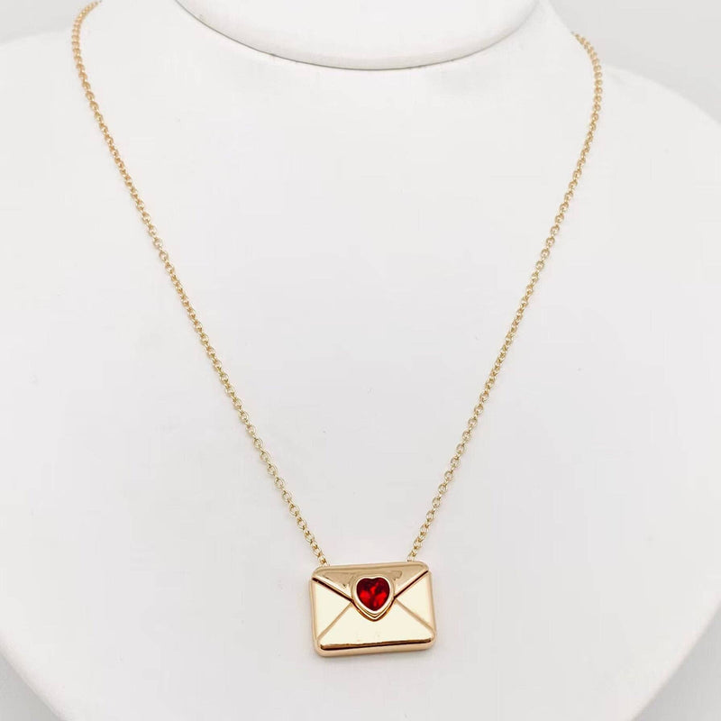 "I Love You" Heart-shaped Cubic Zirconia Envelope Necklace- Gold