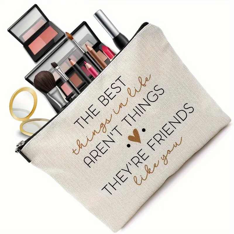 Bestie Beauty Bag - Soft Linen Cosmetic Bag with Zipper, Water-Resistant