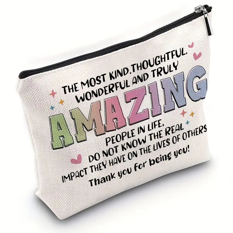 Amazing Appreciation Gift - Polyester Zippered Makeup Bag with Letter Print, Portable Cosmetic Organizer