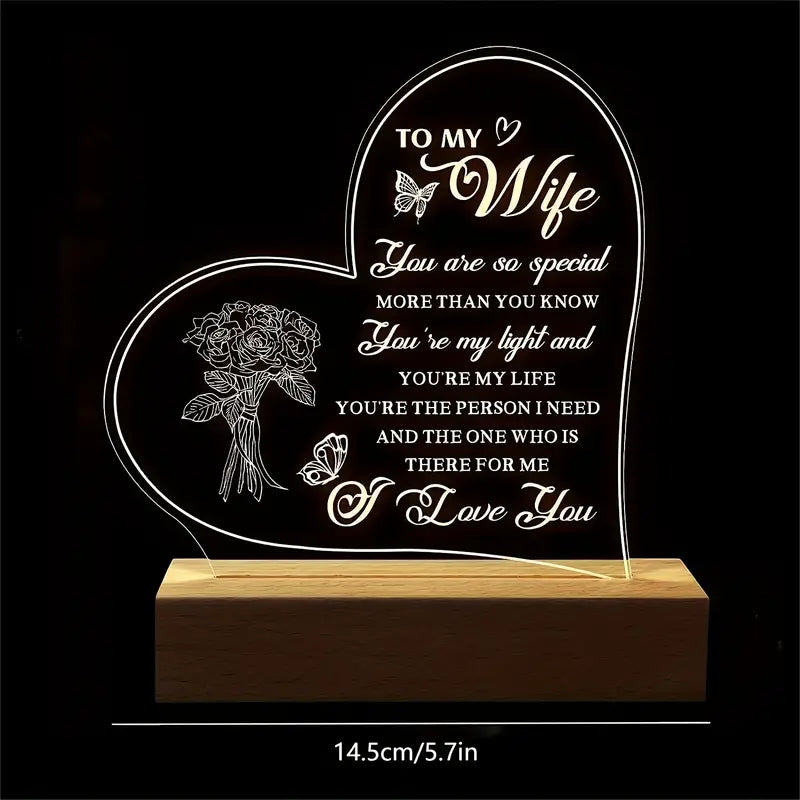 Engraved Night Lamp With Wood Base, Gift For Wife