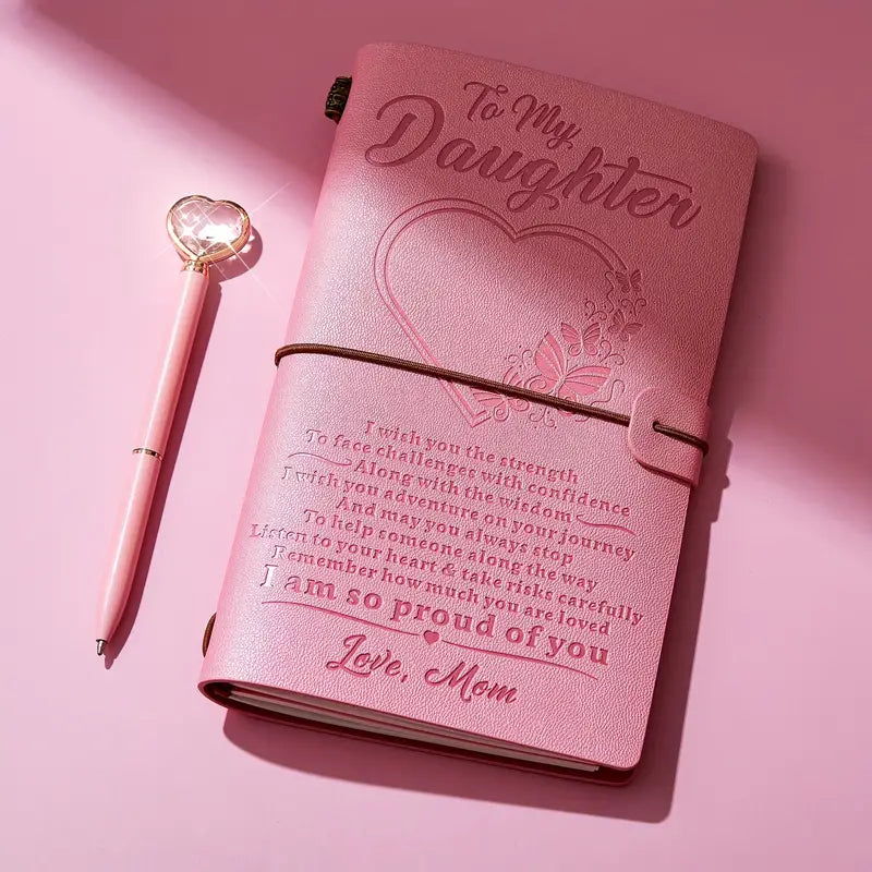 To My Daughter Leather Journal+Heart Rhinestone Pen Set