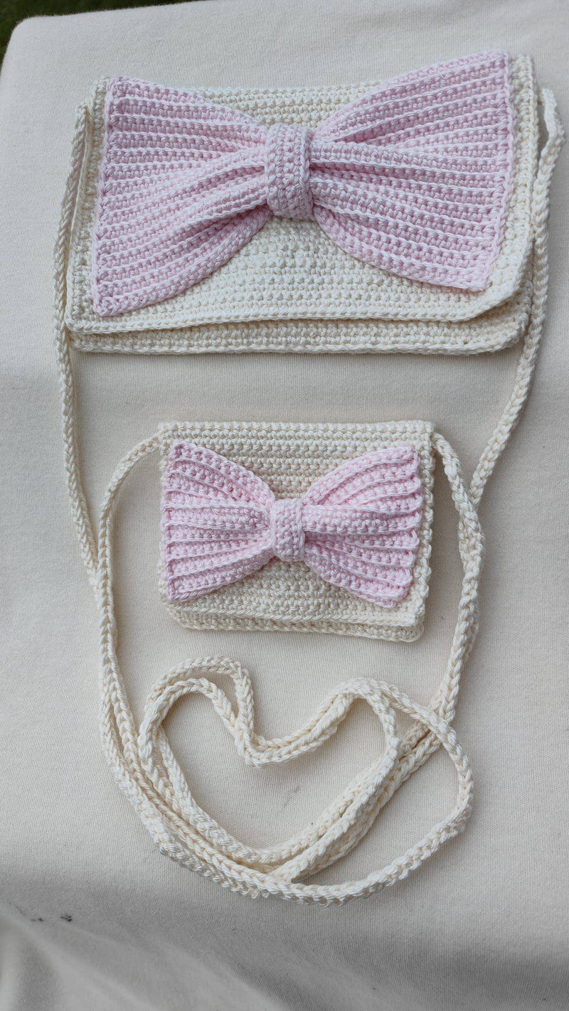 Mother and Daughter Handmade Crotcheted Chic Ribbon Side Bag: Powder Pink
