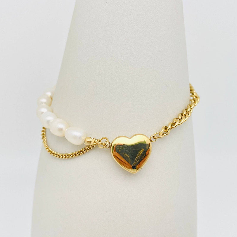 Heart-shaped Pendant Pearl Stainless Steel Chain Bracelet: Golden