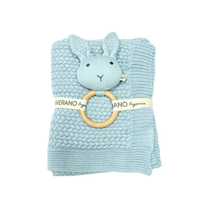 Moss Knit Baby Blanket + Bunny Rattle Gift Set (Organic): Baby Blue